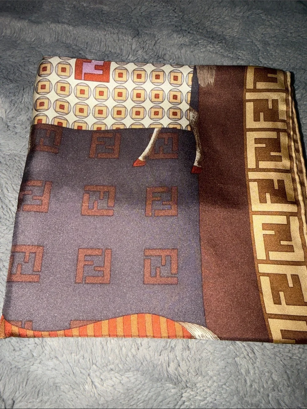 Preloved Fendi Brown & Tan Equestrian Print Silk Scarf excellent condition 33x33
